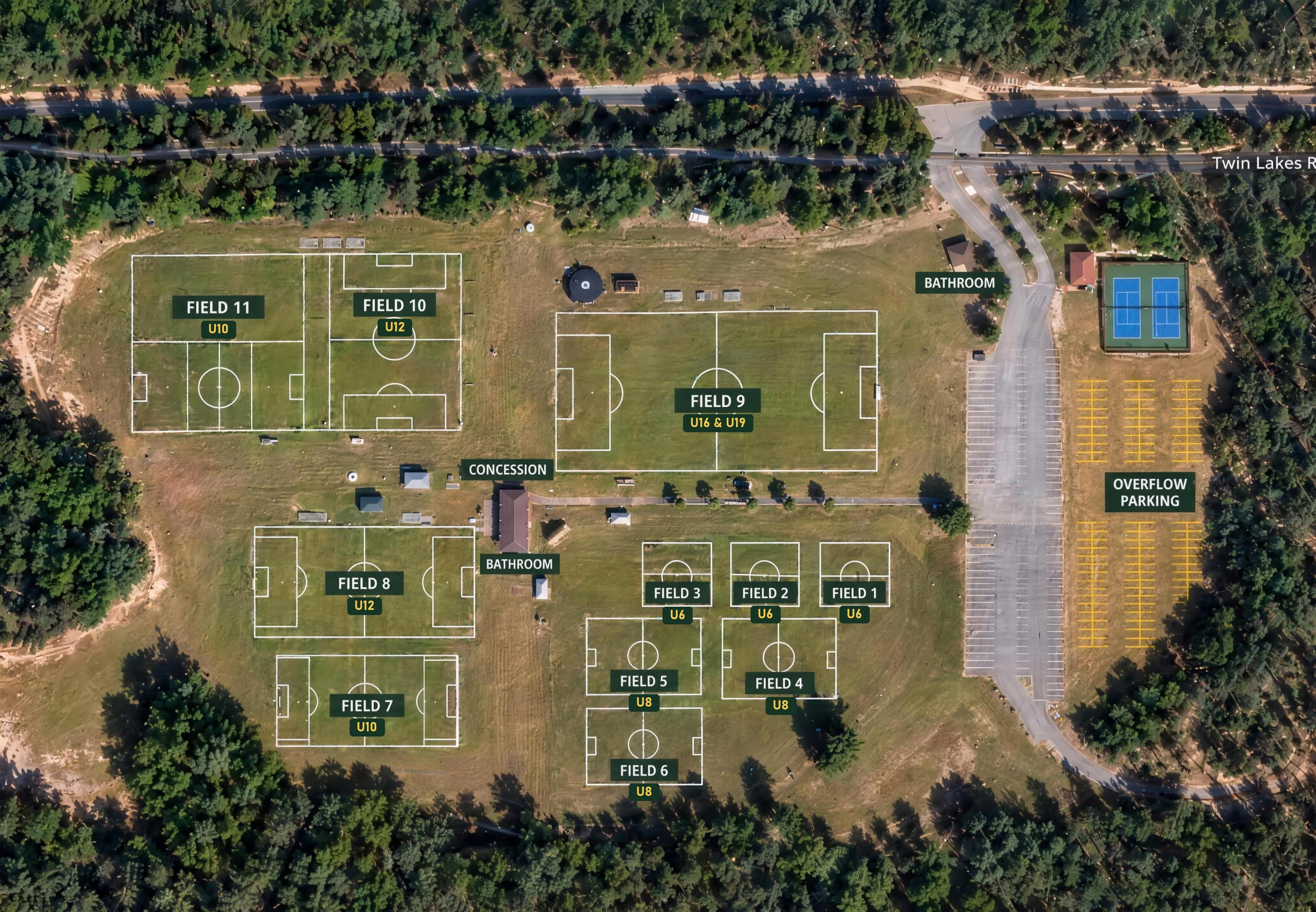 Field map of Twin Lakes Park showing Fields 1 to 11 with their divisions, the concession stand, restrooms, parking and overflow parking